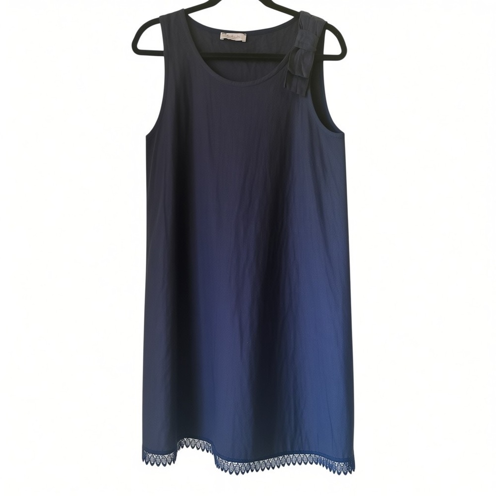 BELLAMBRA Italy 100% Linen Navy Blue Lace Trim Shift Dress Lagenlook L - Picture 2 of 6